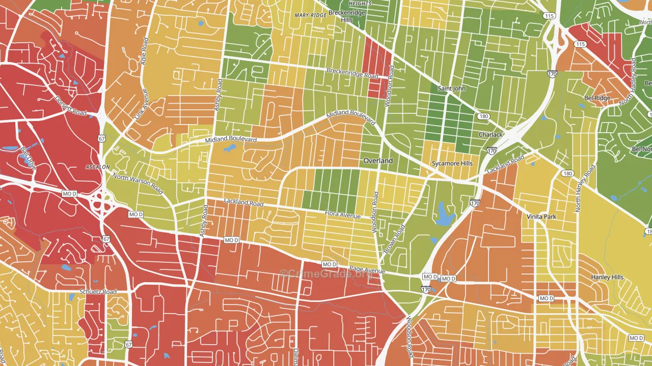 Overland, MO Map of Drug-Related Crime Rates