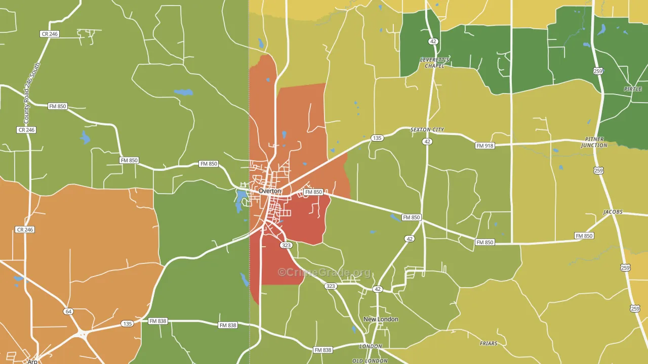 Overton, TX Map of Drug-Related Crime Rates