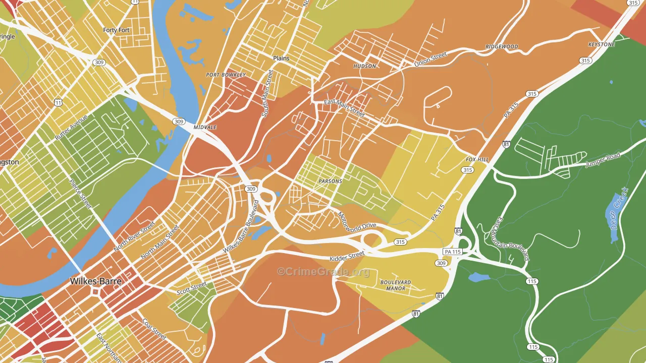 Parsons, Wilkes-Barre, PA Map of Drug-Related Crime Rates