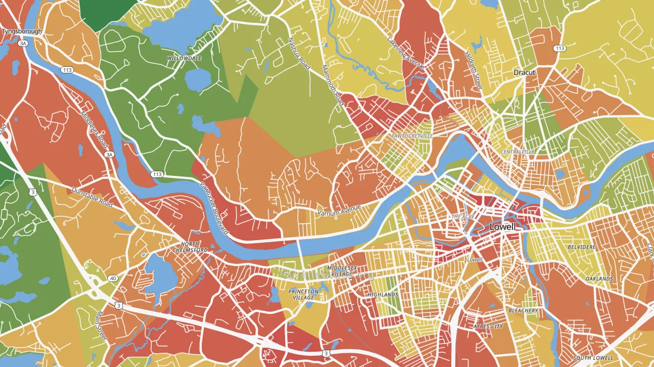Pawtucketville, Lowell, MA Map of Drug-Related Crime Rates