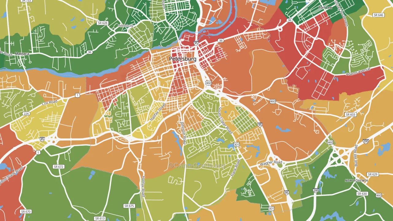 Petersburg City, VA Map of Drug-Related Crime Rates