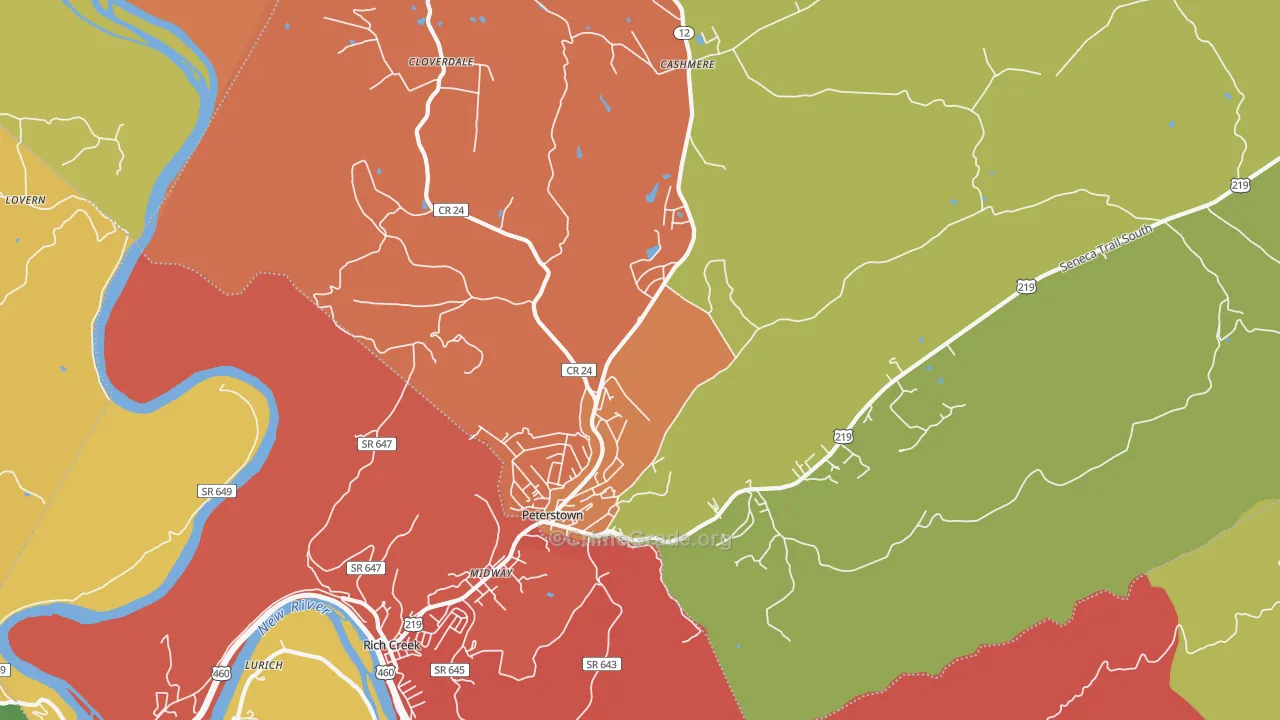 Peterstown, WV Map of Drug-Related Crime Rates