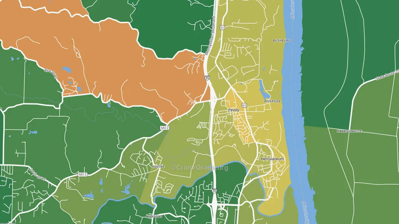 Pevely, MO Map of Drug-Related Crime Rates