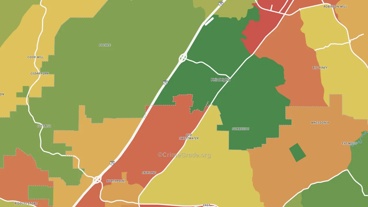 Philadelphia, TN Map of Drug-Related Crime Rates