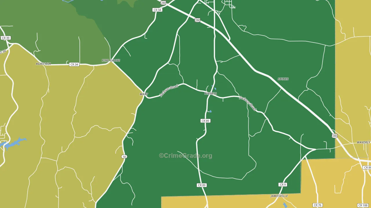 Pinnell, AL Map of Drug-Related Crime Rates