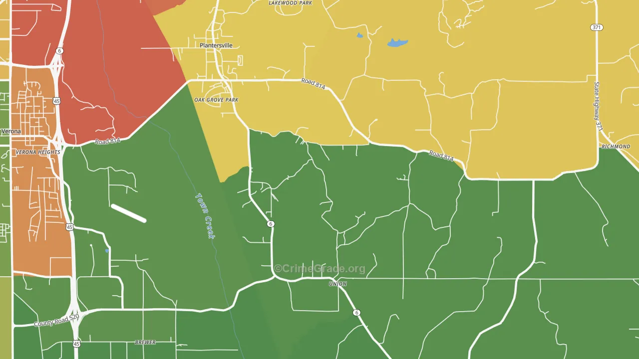 Plantersville, MS Map of Drug-Related Crime Rates