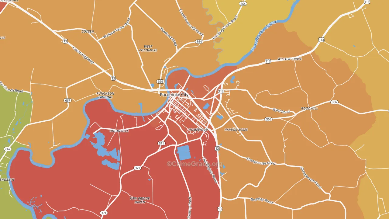 Pocomoke City, MD Map of Drug-Related Crime Rates