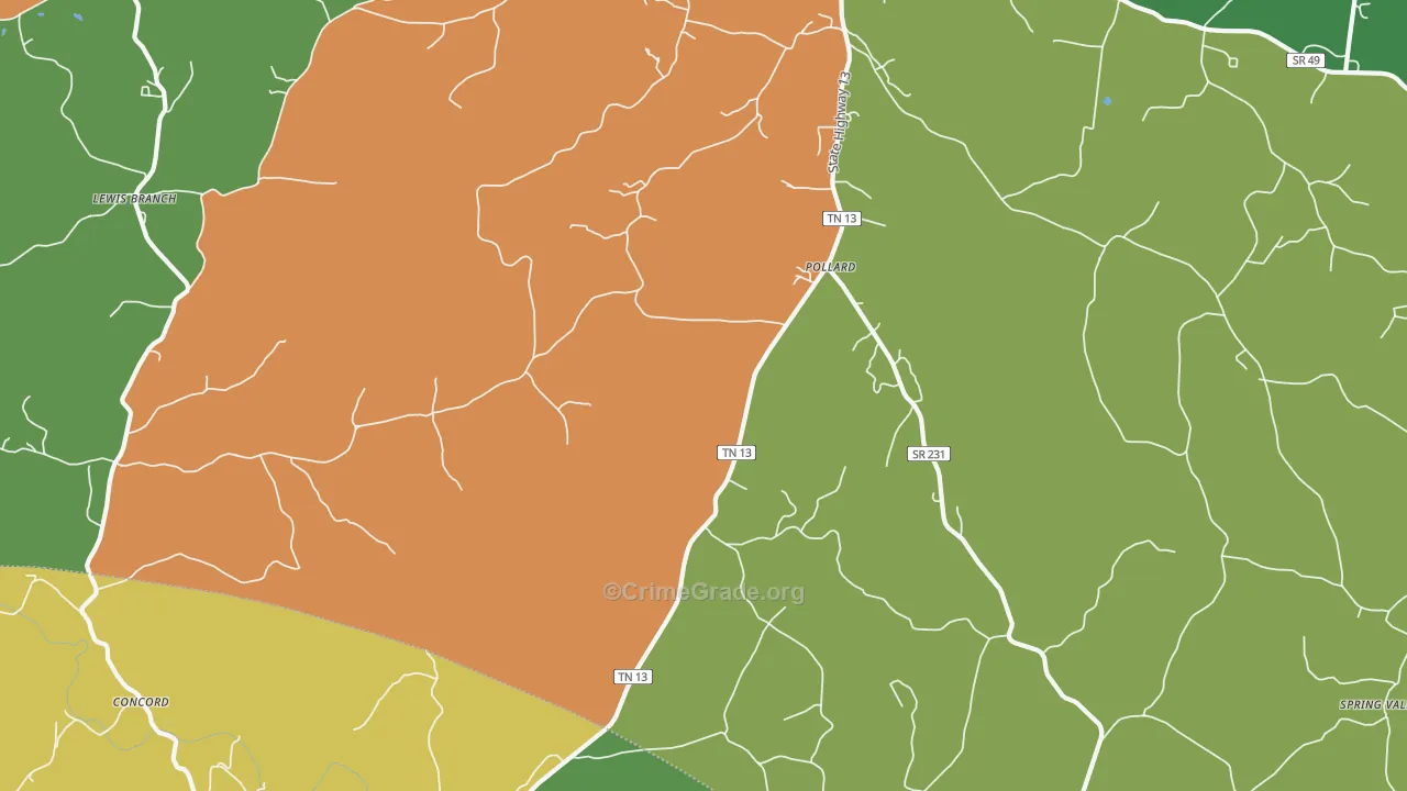Pollard, TN Map of Drug-Related Crime Rates