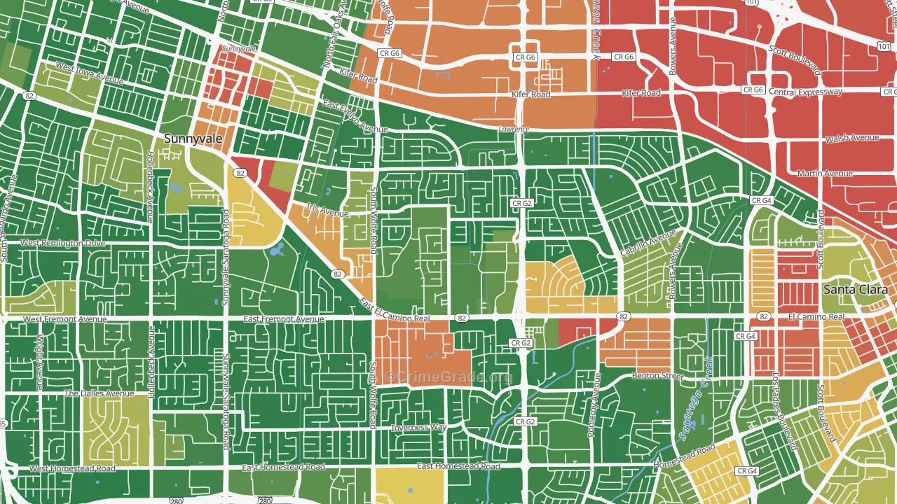 Ponderosa Park, Sunnyvale, CA Map of Drug-Related Crime Rates