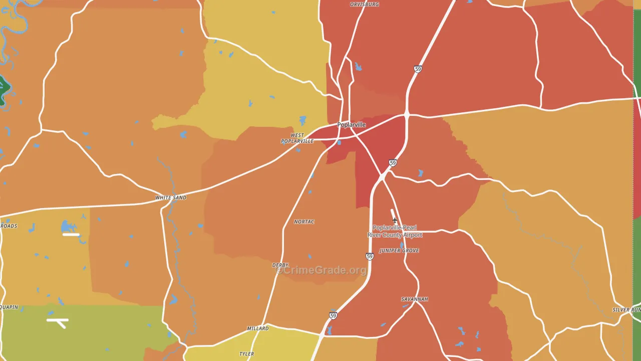 Poplarville, MS Map of Drug-Related Crime Rates