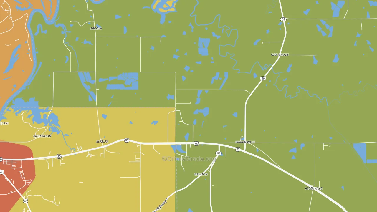 Prairieville, AL Map of Drug-Related Crime Rates