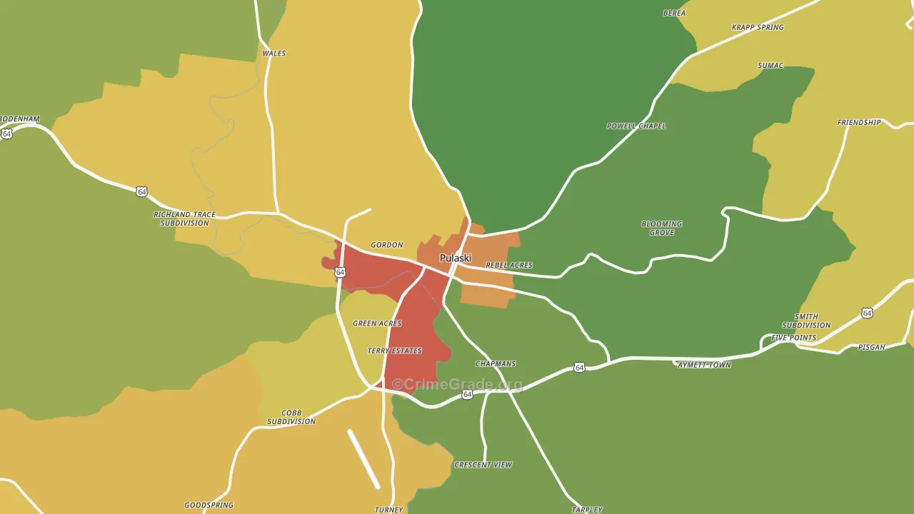 Pulaski, TN Map of Drug-Related Crime Rates
