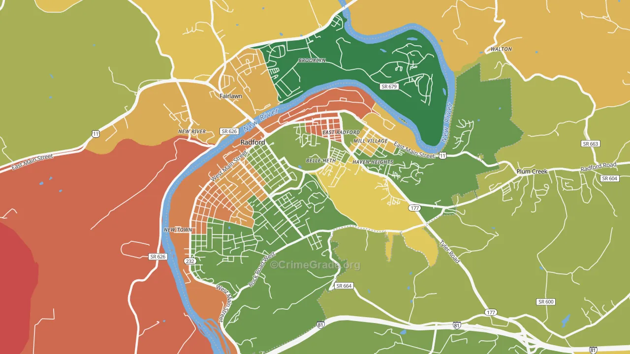 Radford City, VA Map of Drug-Related Crime Rates