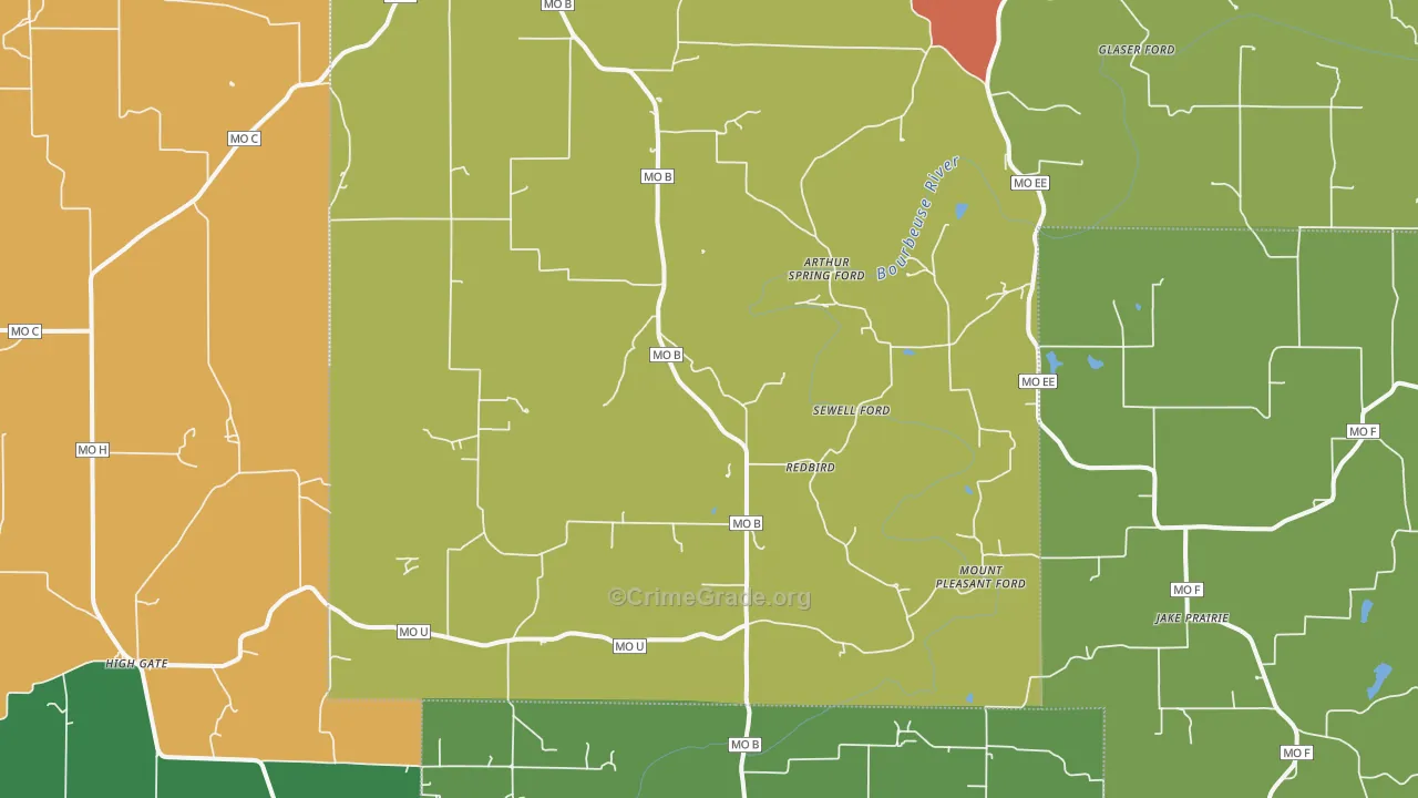 Red Bird, MO Map of Drug-Related Crime Rates