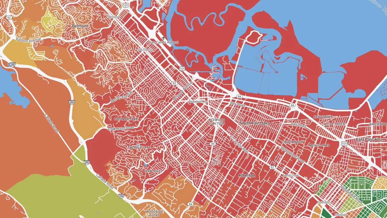Redwood City, CA Map of Drug-Related Crime Rates