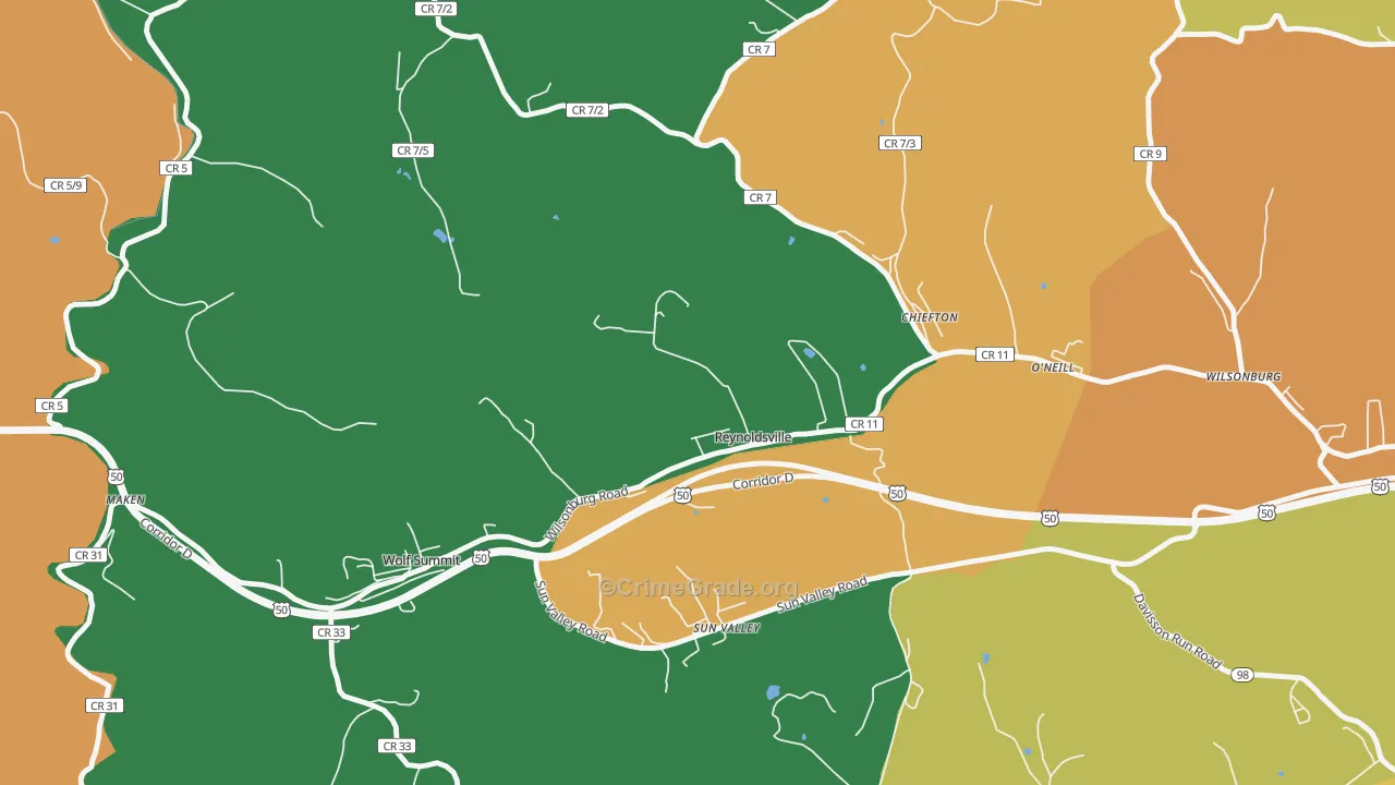 Reynoldsville, WV Map of Drug-Related Crime Rates