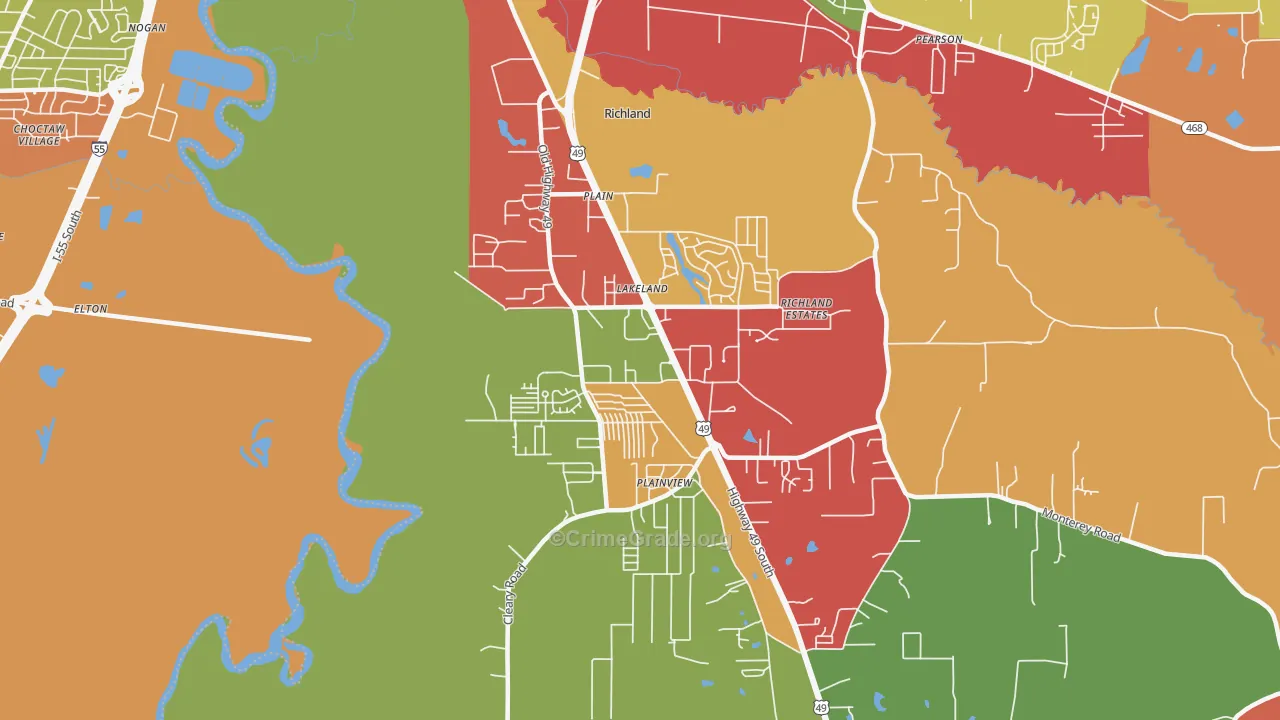 Richland, MS Map of Drug-Related Crime Rates