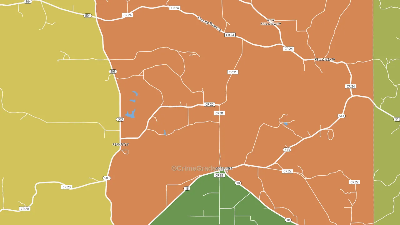 Rose Hill, MS Map of Drug-Related Crime Rates