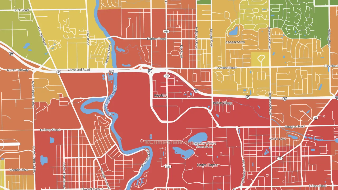 Roseland, IN Map of Drug-Related Crime Rates