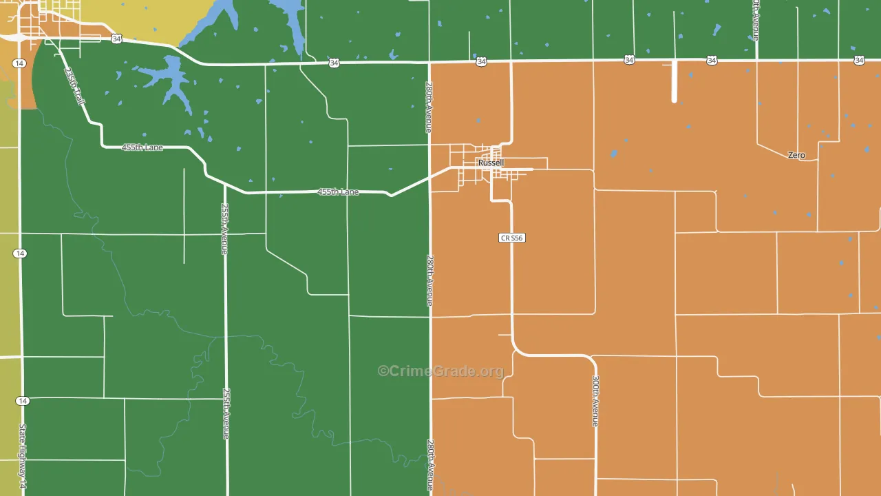 Russell, IA Map of Drug-Related Crime Rates