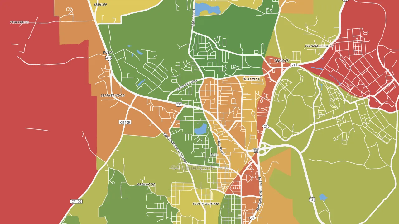 Saks, AL Map of Drug-Related Crime Rates