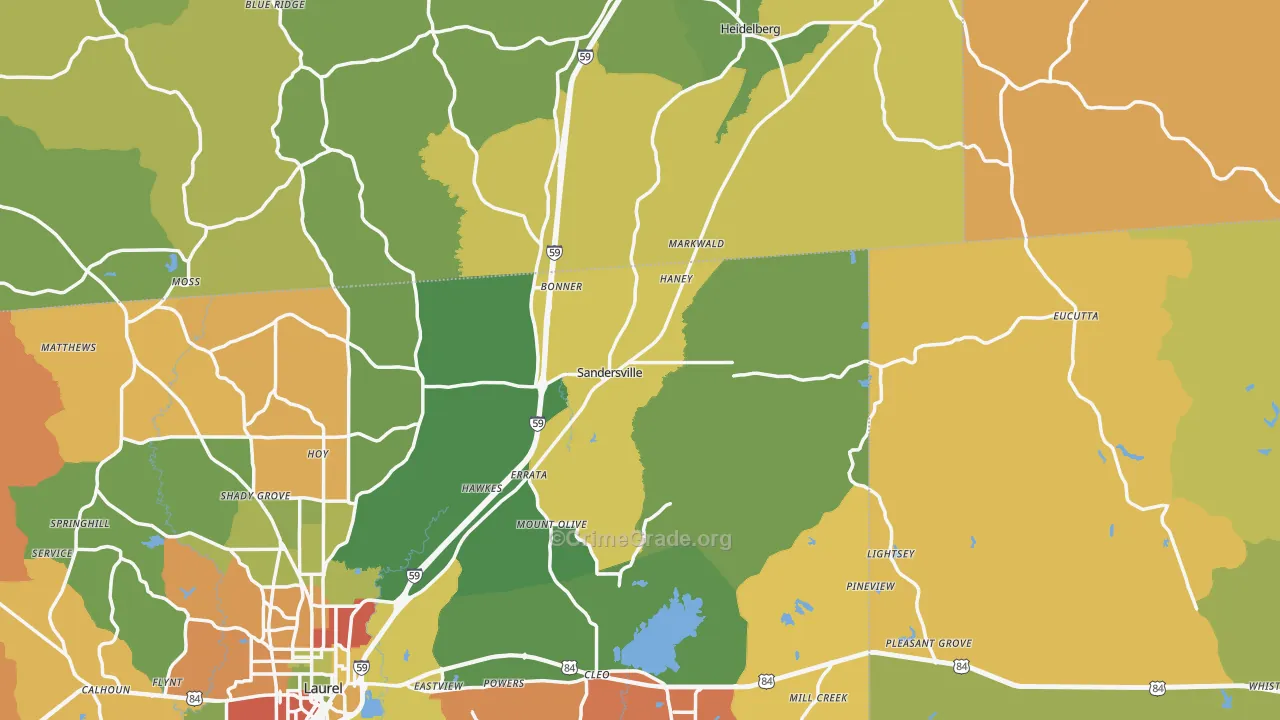 Sandersville, MS Map of Drug-Related Crime Rates