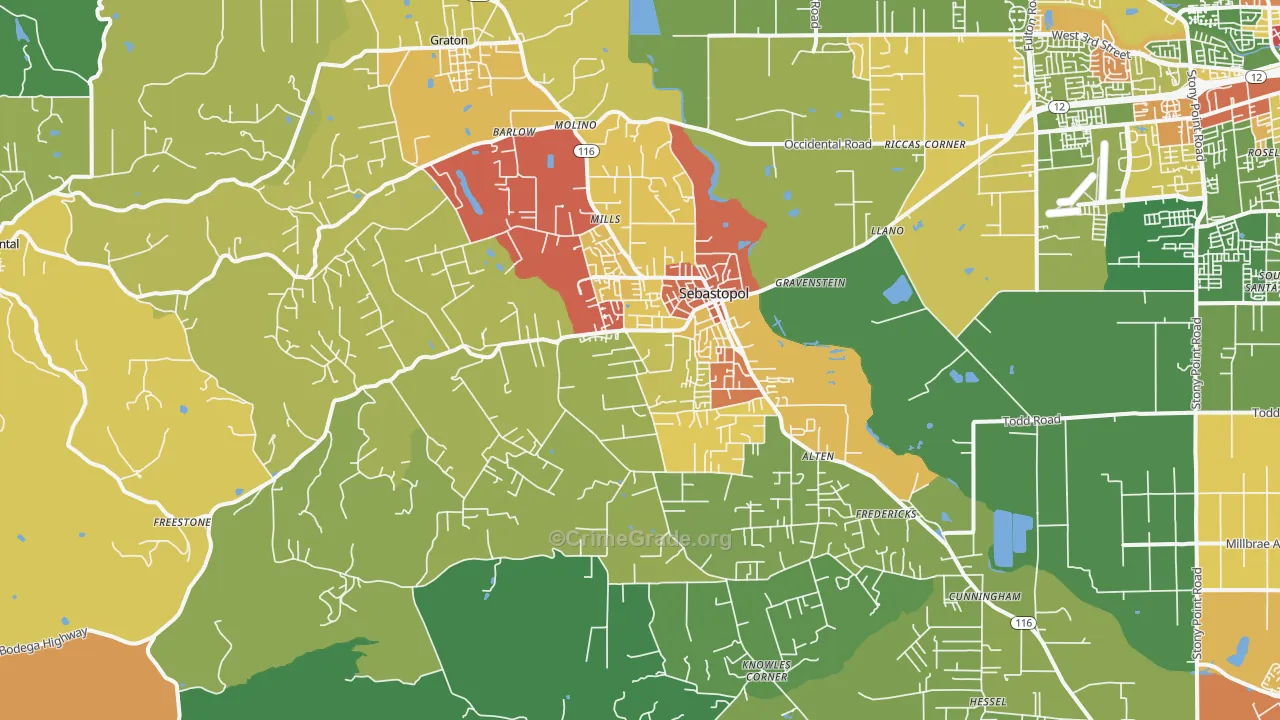 Sebastopol, CA Map of Drug-Related Crime Rates