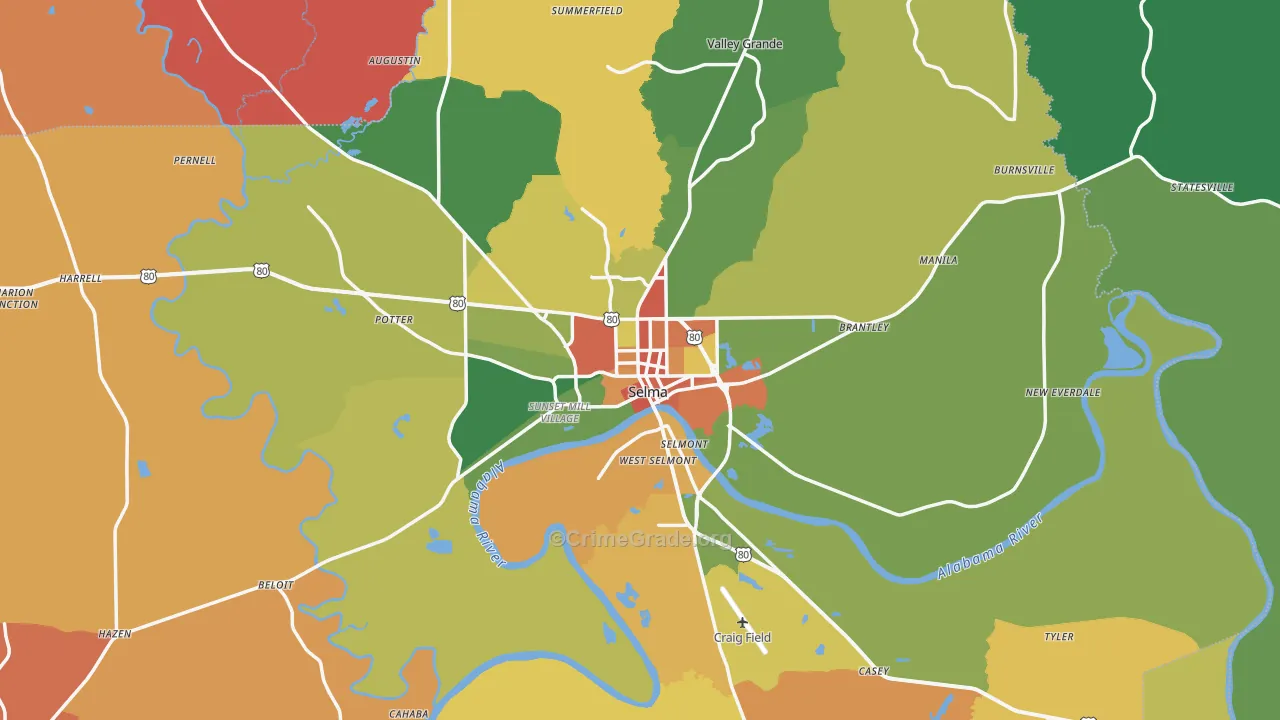 Selma, AL Map of Drug-Related Crime Rates