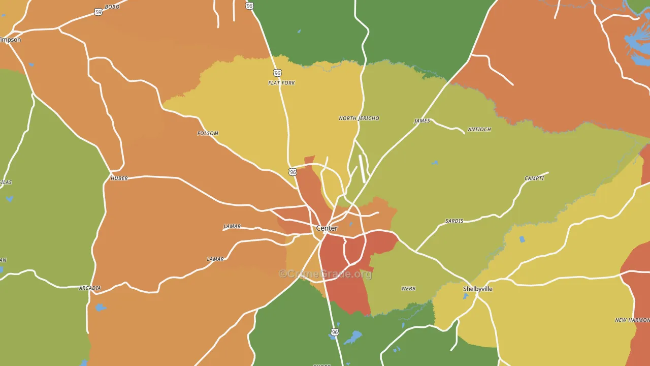 Shelby County, TX Map of Drug-Related Crime Rates