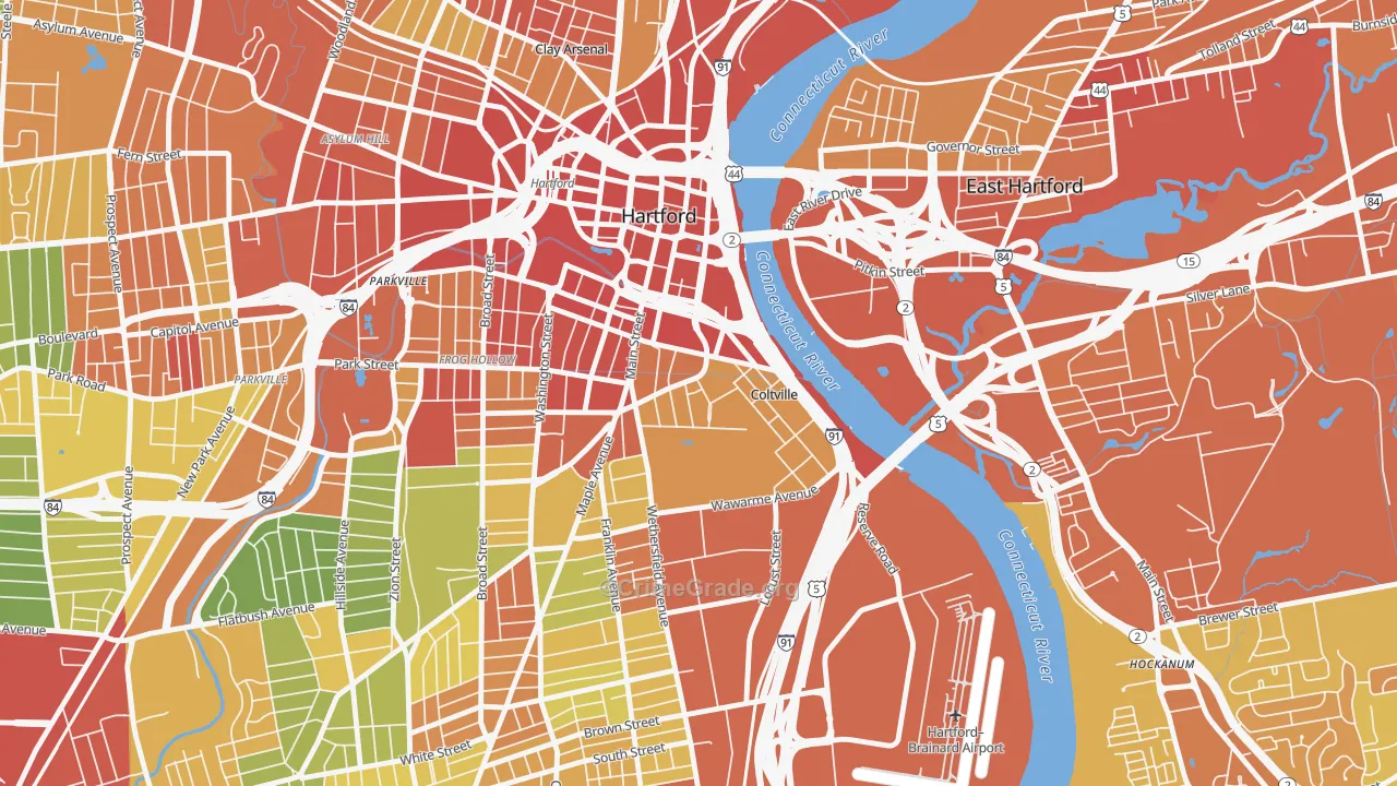 Sheldon Charter Oak, Hartford, CT Map of Drug-Related Crime Rates