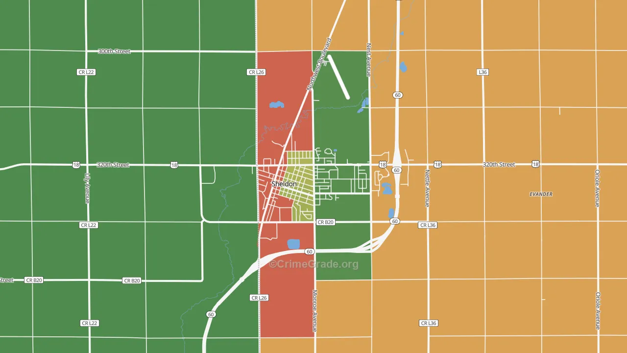 Sheldon, IA Map of Drug-Related Crime Rates