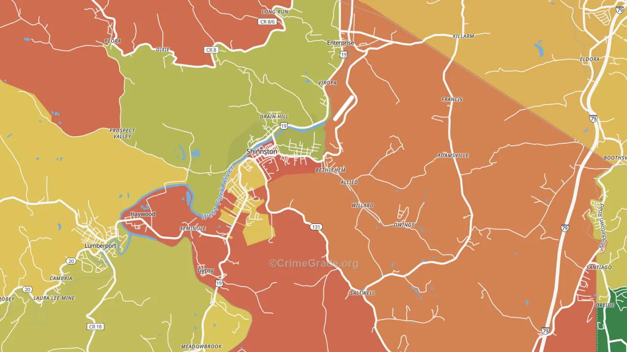 Shinnston, WV Map of Drug-Related Crime Rates