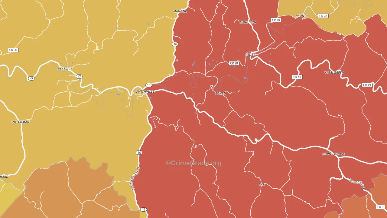 Smithville, WV Map of Drug-Related Crime Rates