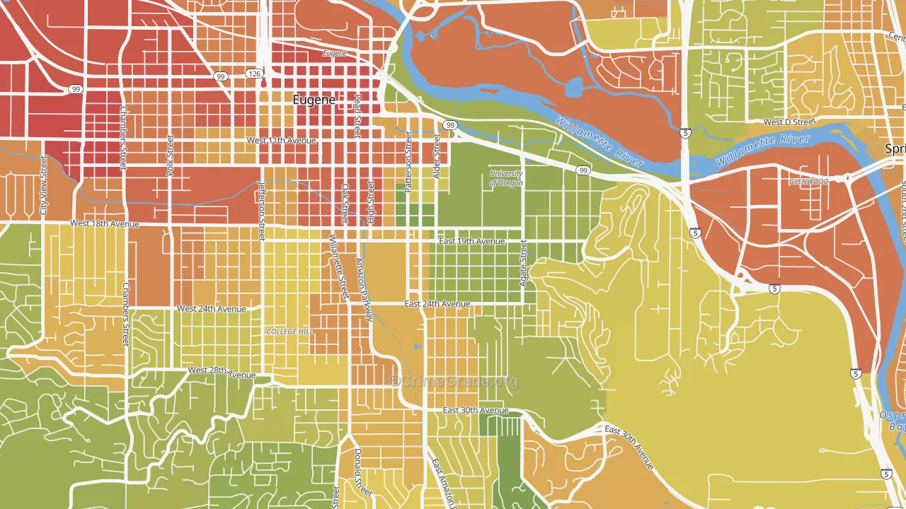 South University, Eugene, OR Map of Drug-Related Crime Rates