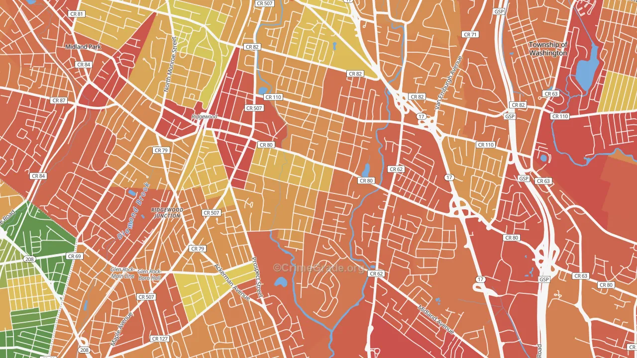 Southeast Ridgewood, Ridgewood, NJ Map of Drug-Related Crime Rates