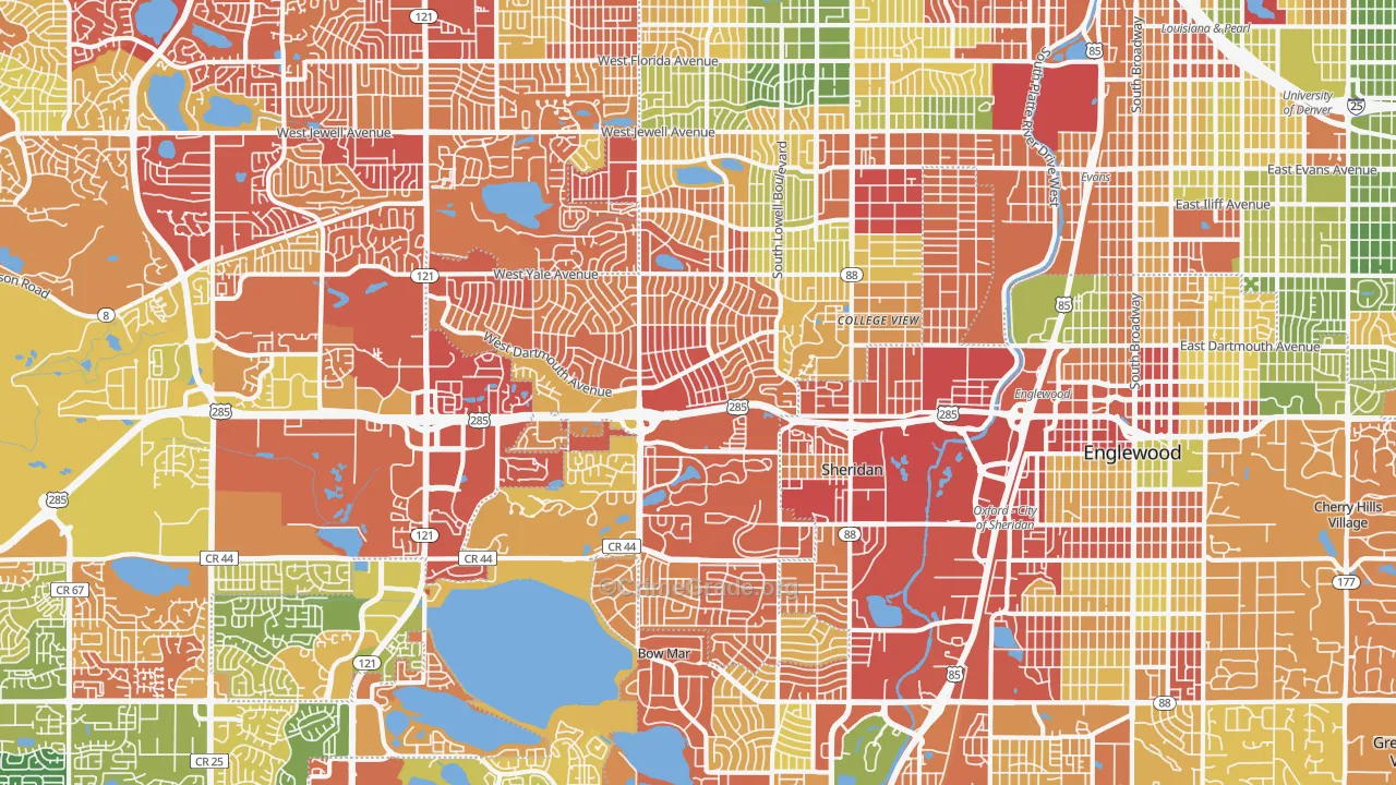 Southwestern Denver, Denver, CO Map of Drug-Related Crime Rates