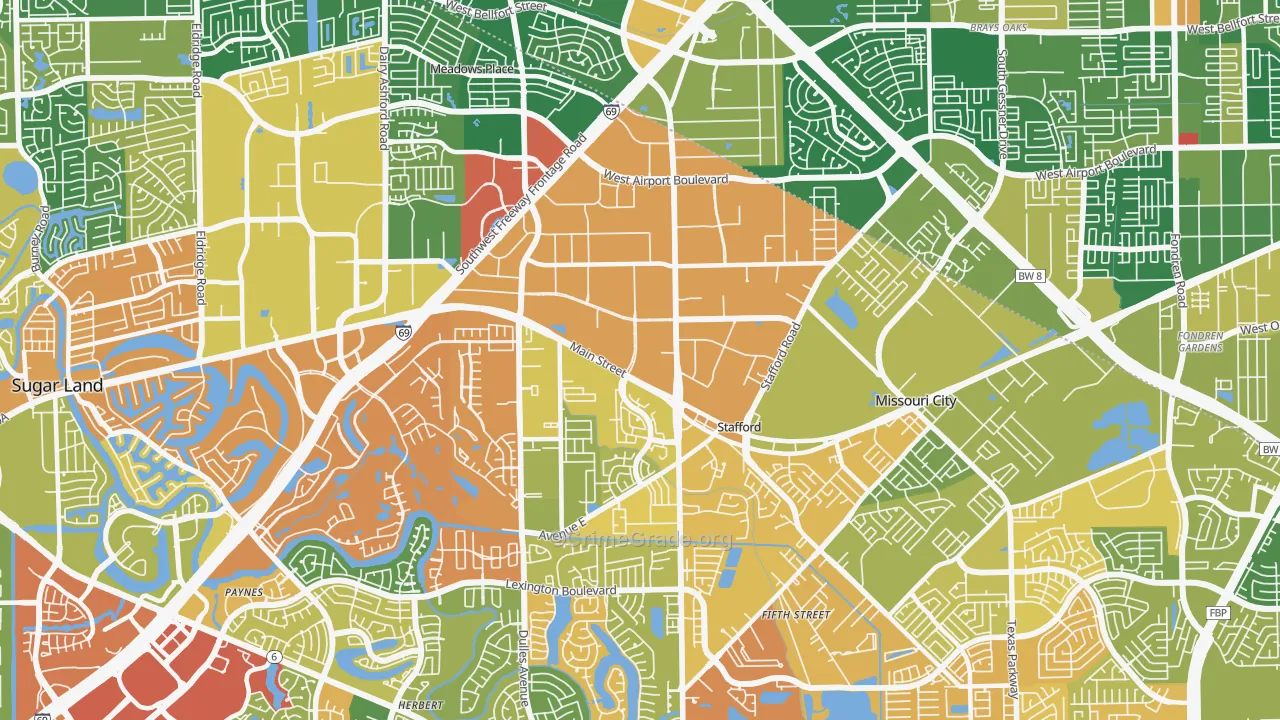 Stafford, TX Map of Drug-Related Crime Rates