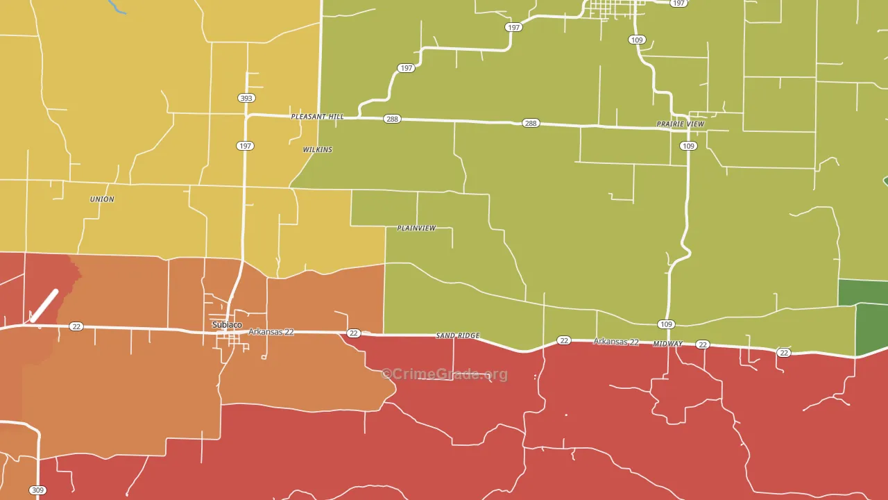 Subiaco, AR Map of Drug-Related Crime Rates