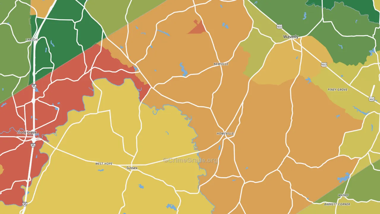 Sussex County, VA Map of Drug-Related Crime Rates