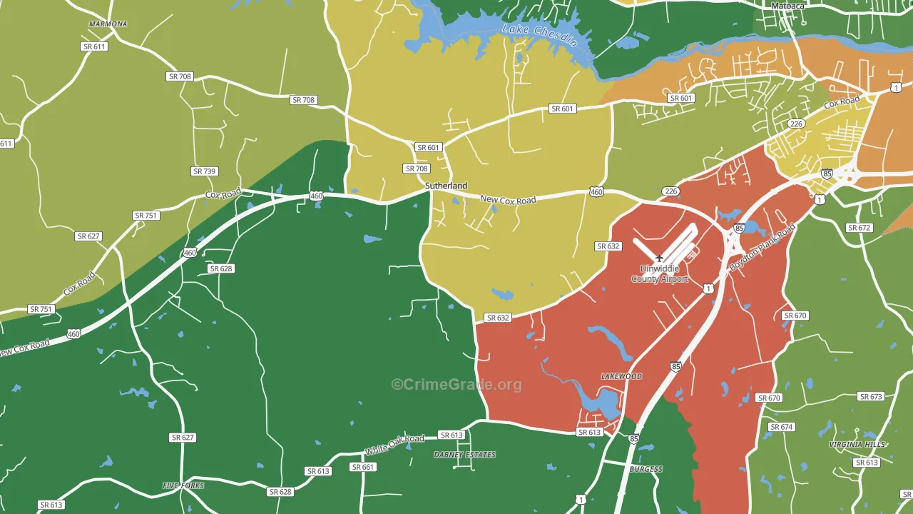 Sutherland, VA Map of Drug-Related Crime Rates