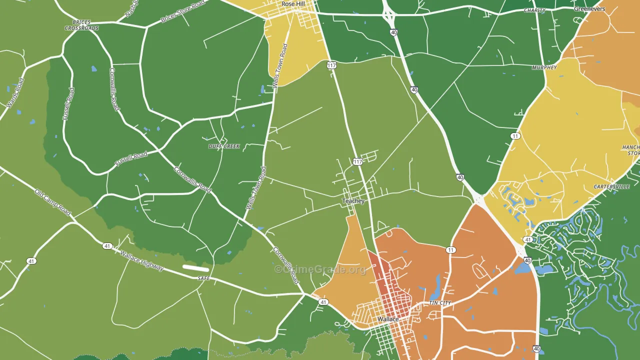 Teachey, NC Map of Drug-Related Crime Rates