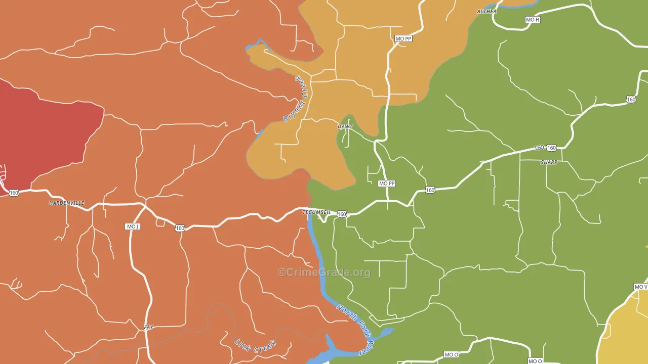 Tecumseh, MO Map of Drug-Related Crime Rates