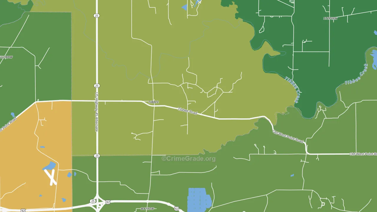 Tibbee, MS Map of Drug-Related Crime Rates