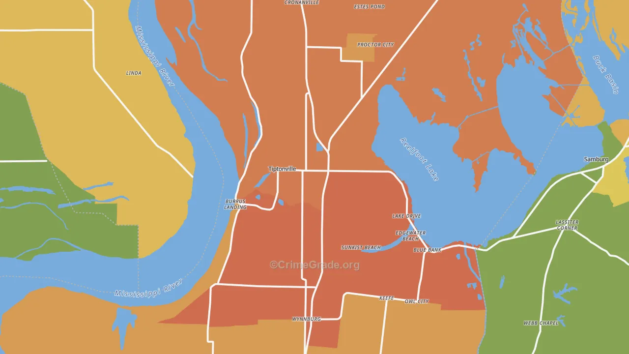 Tiptonville, TN Map of Drug-Related Crime Rates