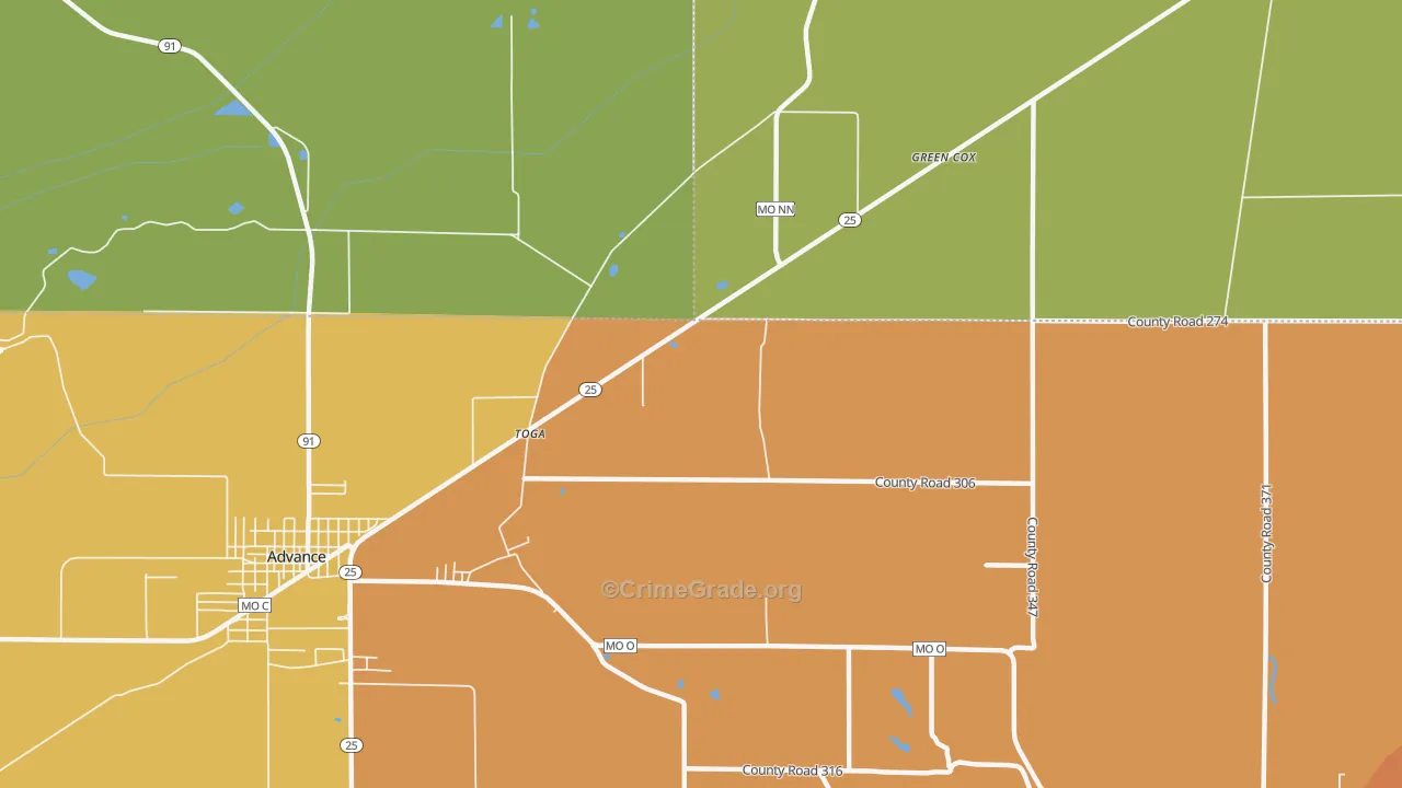 Toga, MO Map of Drug-Related Crime Rates