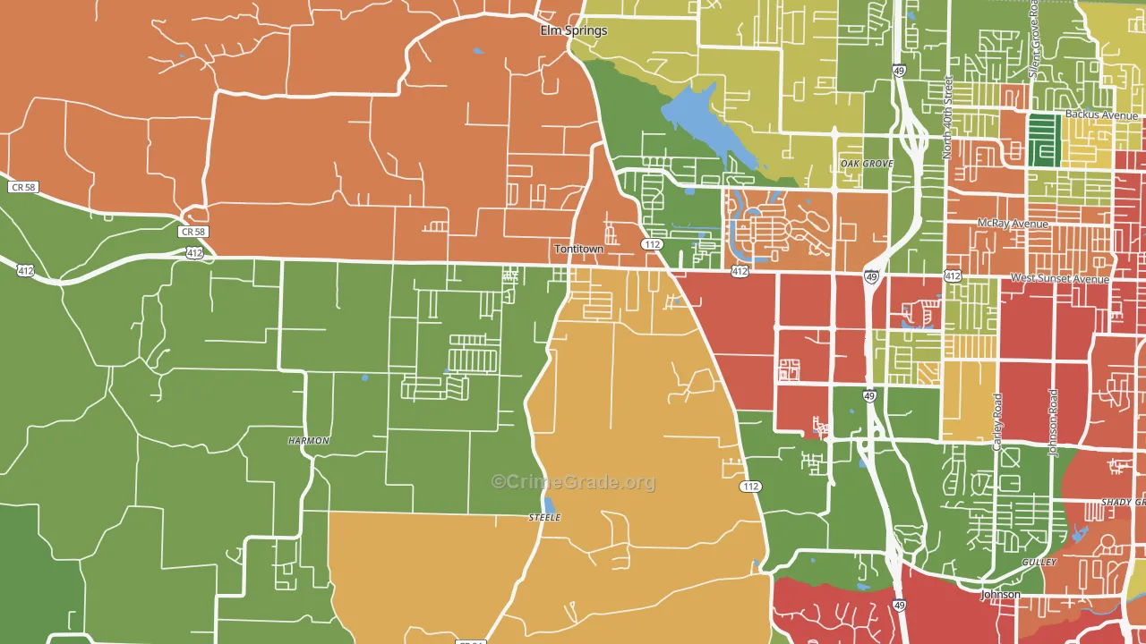 Tontitown, AR Map of Drug-Related Crime Rates