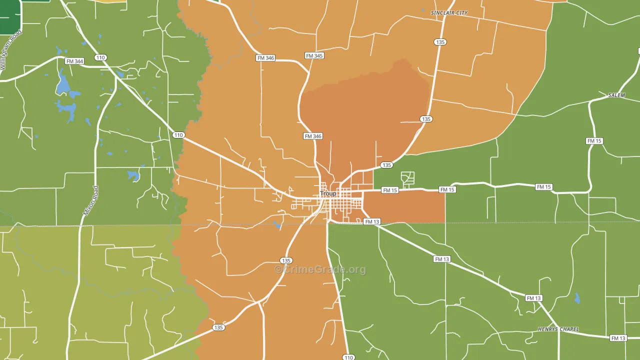 Troup, TX Map of Drug-Related Crime Rates