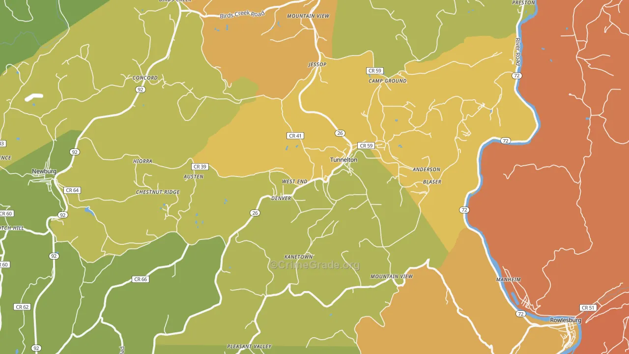 Tunnelton, WV Map of Drug-Related Crime Rates