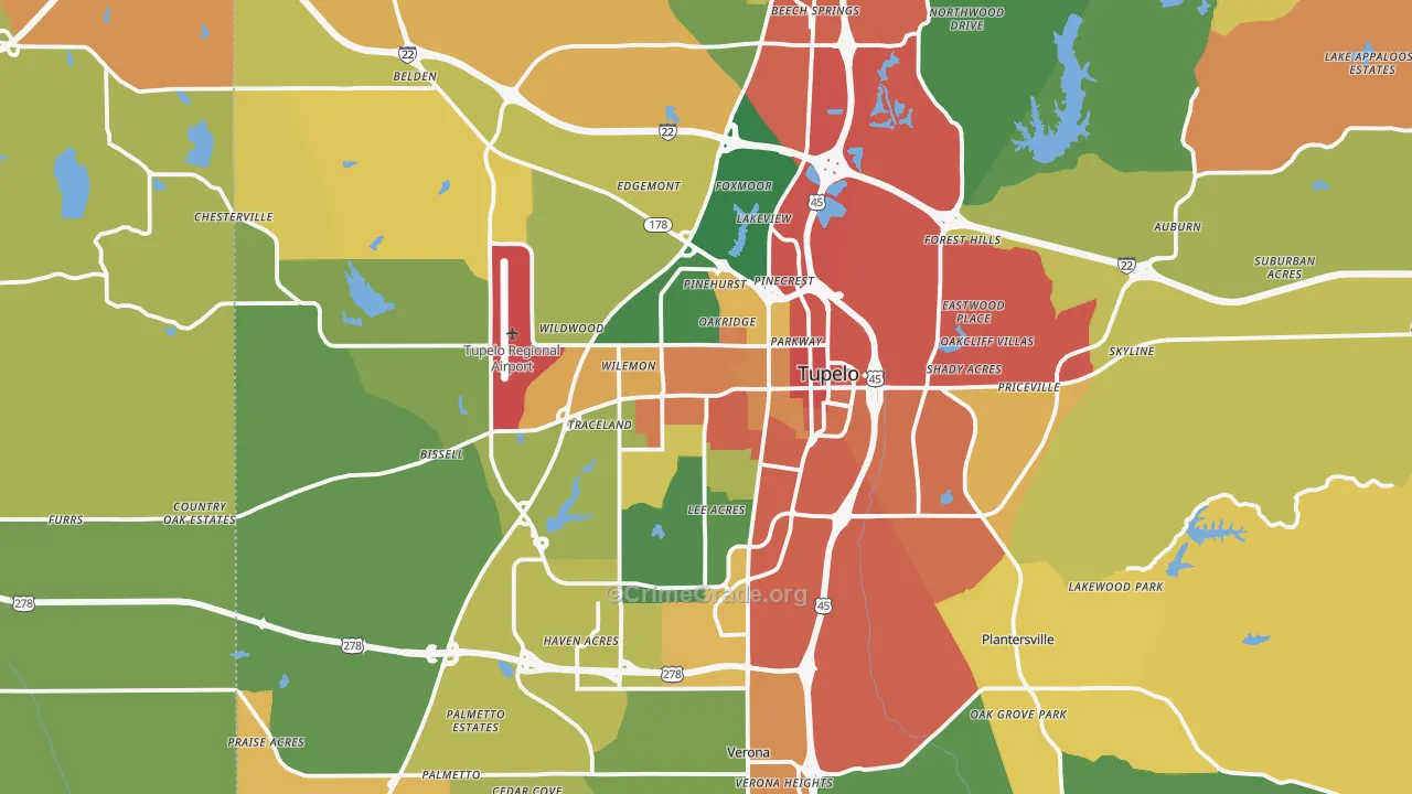 Tupelo, MS Map of Drug-Related Crime Rates
