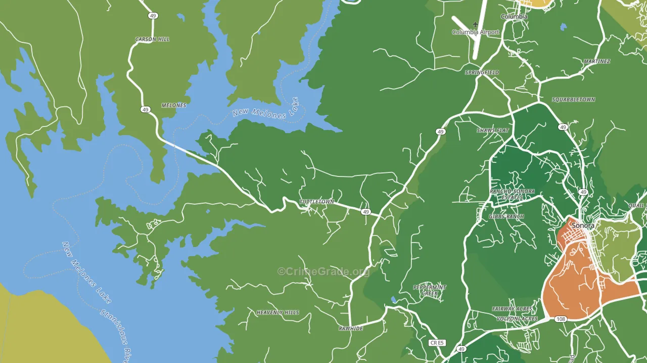 Tuttletown, CA Map of Drug-Related Crime Rates